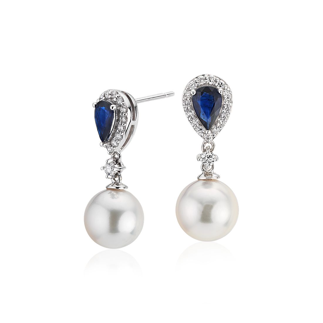 Classic Akoya Cultured Pearl Drop Earrings with Sapphire and Diamond