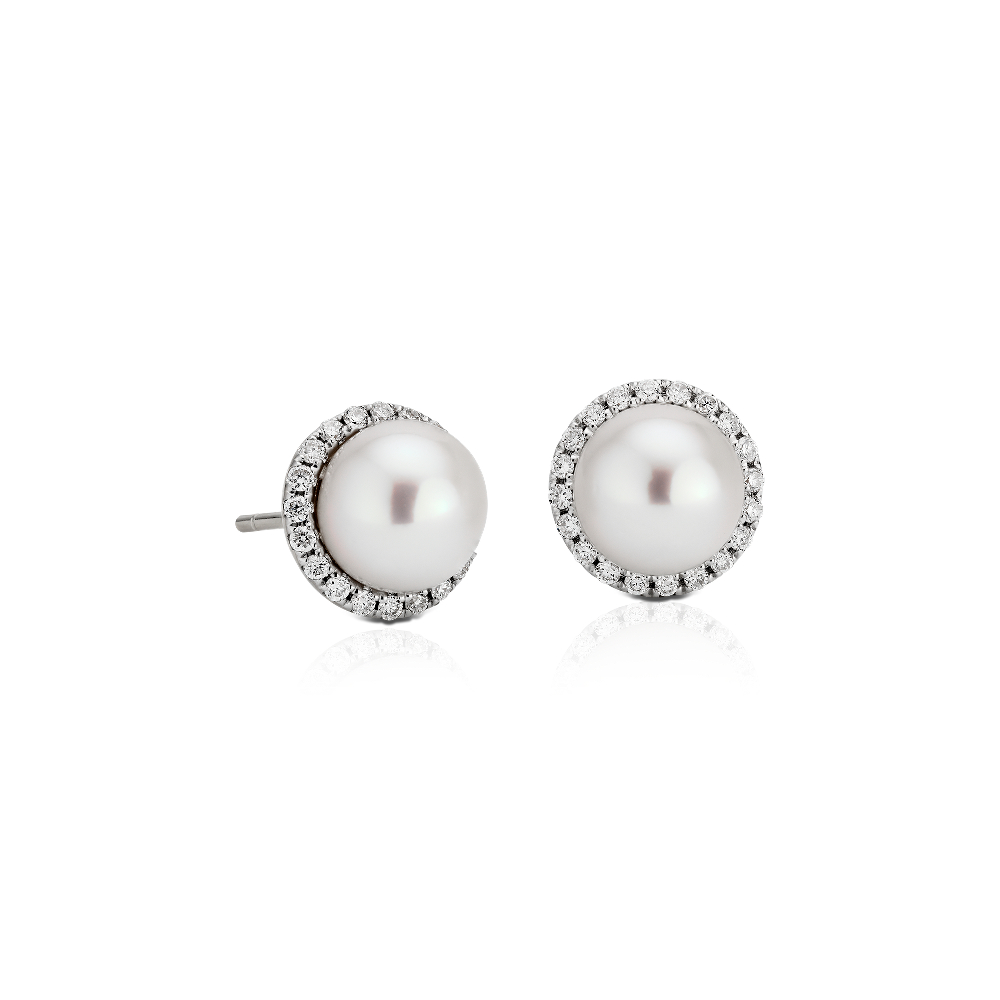 "Freshwater Pearl Studs with Diamond Halos in 14k White Gold (0.2 ct. tw.)"