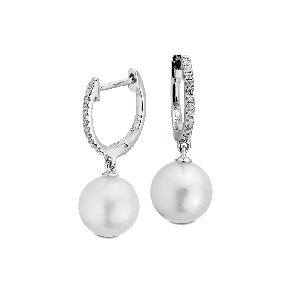 "White South Sea Pearl Earrings with Diamond Hoops in 18k White Gold (8-9mm)"