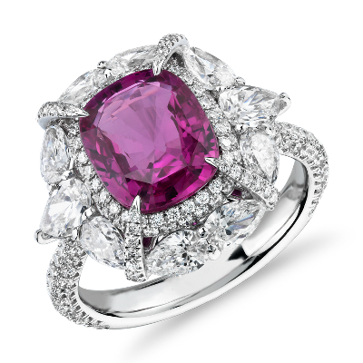 Radiant Cut Pink Sapphire Ring With Pear Shaped Diamond Halo In 18k White Gold 6 57 Ct Centre Blue Nile
