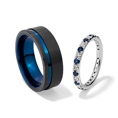 Riviera Sapphire Diamond Eternity and Black and Blue Engraved Set in Platinum and Tungsten