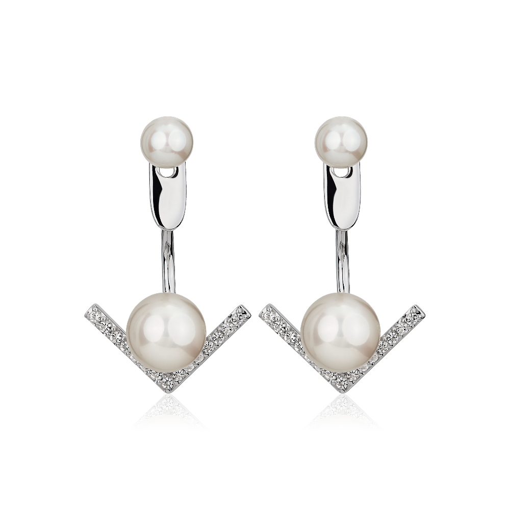 "Round Freshwater Pearl Jacket Earrings in Sterling Silver"