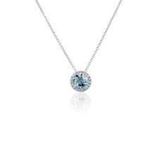 新款 14k 白金光环海蓝宝石与钻石吊坠（7 毫米）