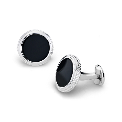 Round Onyx Cufflinks with Opus Detail in Sterling Silver | Blue Nile CA