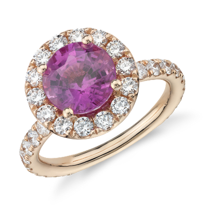 Round Pink Sapphire Ring with Diamond Halo in 18k Rose Gold | Blue Nile