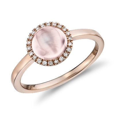 Petite Round Rose Quartz Cabochon Ring With Diamond Halo In 14k