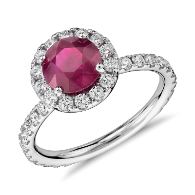Ruby Diamond Pavé Halo Ring in 18k White Gold (1.63 ct center) (6.9mm