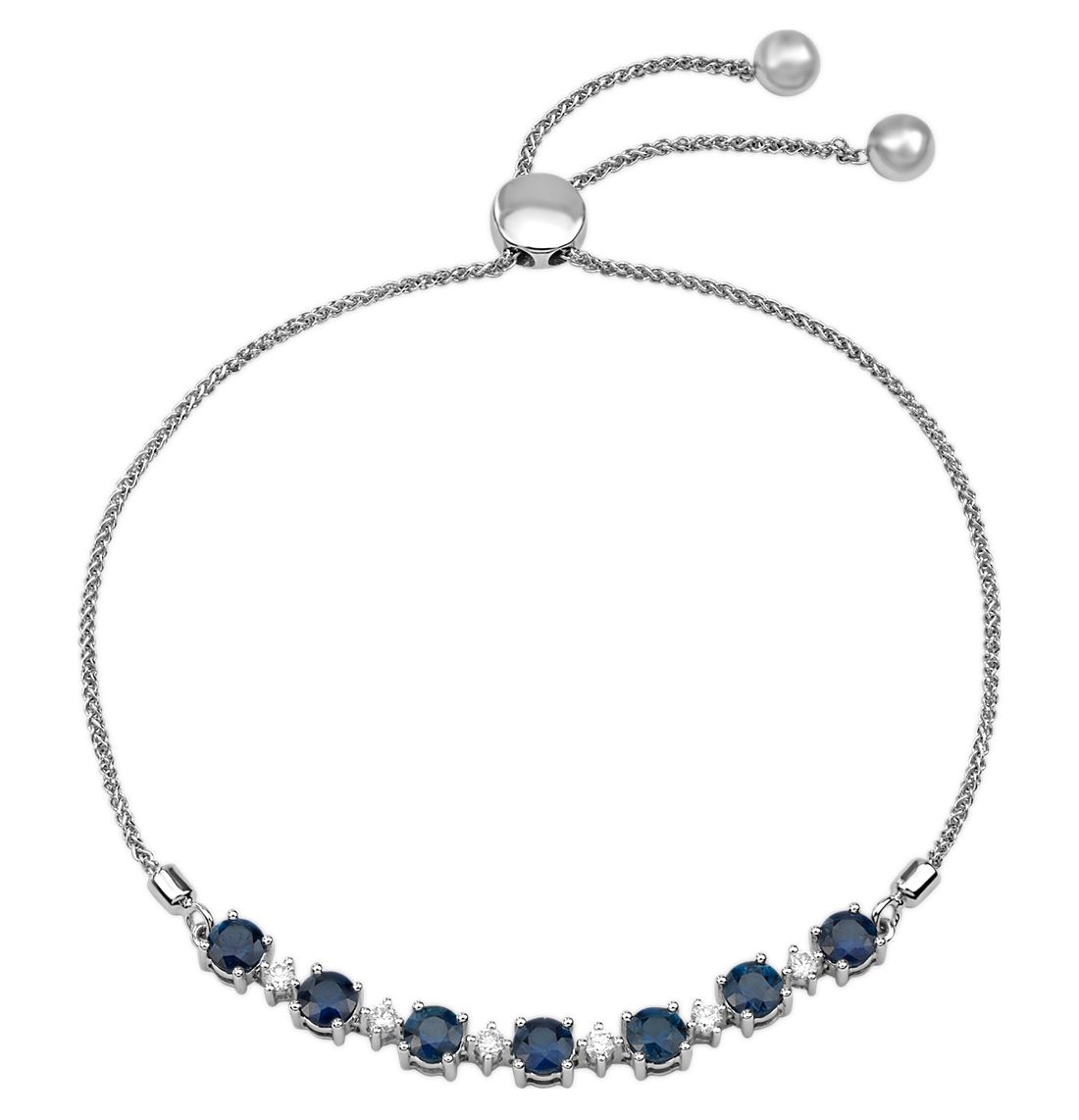 14k 白金圓形藍寶石與鑽石波洛領帶結手鍊（4 毫米）