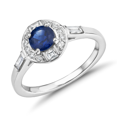 Round Sapphire Ring With Mixed Shape Diamond Halo And Baguette Sidestones In 18k White Gold 5mm Blue Nile