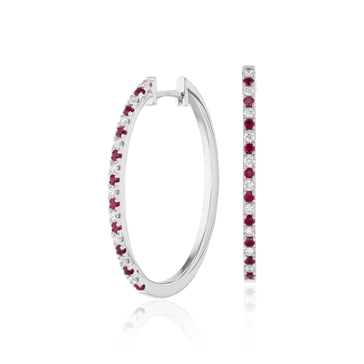 Ruby and Diamond Oval Hoop Earrings in 14k White Gold (1.4mm) | Blue Nile