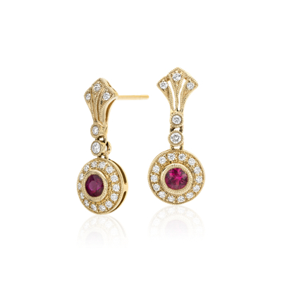 Ruby and Diamond Vintage-Inspired Milgrain Drop Earrings in 14k Yellow