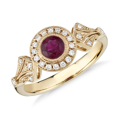Ruby And Diamond Halo Vintage Inspired Milgrain Ring In 14k Yellow
