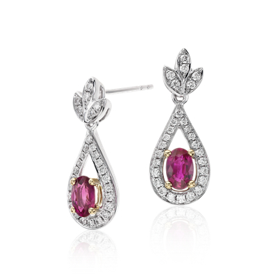 Ruby and Diamond Drop Earrings in 18k White and Yellow Gold (6x4mm