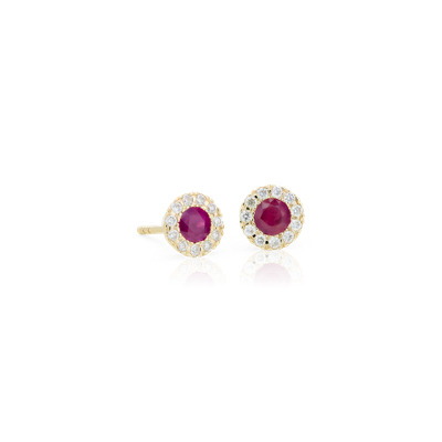 Petite Ruby and Diamond Halo Crown Stud Earrings in 14k Yellow Gold (3