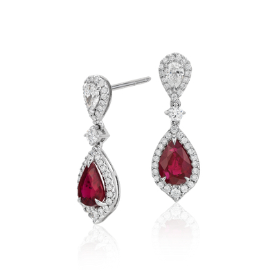 Ruby and Diamond Drop Earrings in 18k White Gold (6x4mm) | Blue Nile HK