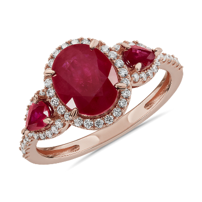 Ruby and Diamond Halo Three-Stone Ring in 14k Rose Gold | Blue Nile