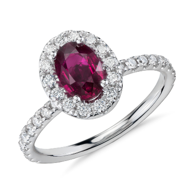 Oval Ruby And Diamond Halo Ring In 14k White Gold 7x5mm Blue Nile