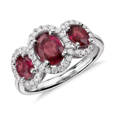 3-Stone Oval Ruby and Diamond Halo Ring in 18k White Gold (7x5mm