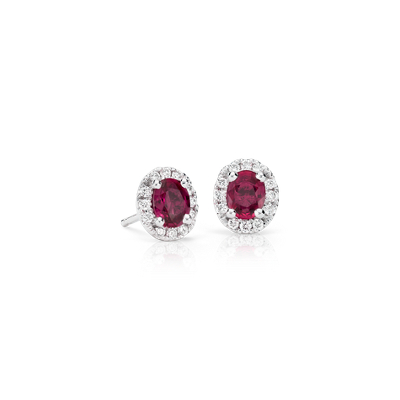 Ruby and Diamond Halo Stud Earrings in 18k White Gold