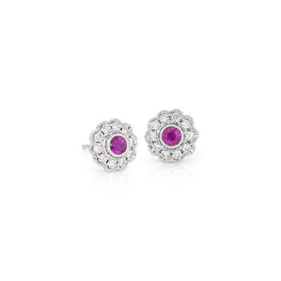 Ruby and Diamond Vintage-Inspired Fiore Stud Earrings in 14k White Gold ...