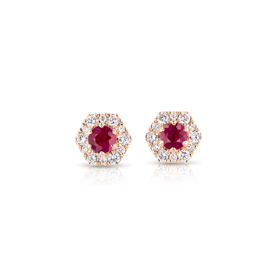 Ruby Stud Earrings with Hexagon Diamond Halo in 14k Rose Gold | Blue Nile