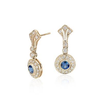 Sapphire and Diamond Vintage-Inspired Drop Earrings in 14k Yellow Gold ...