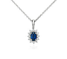 Sapphire and Diamond Pendant in 18k White Gold (6x4mm)