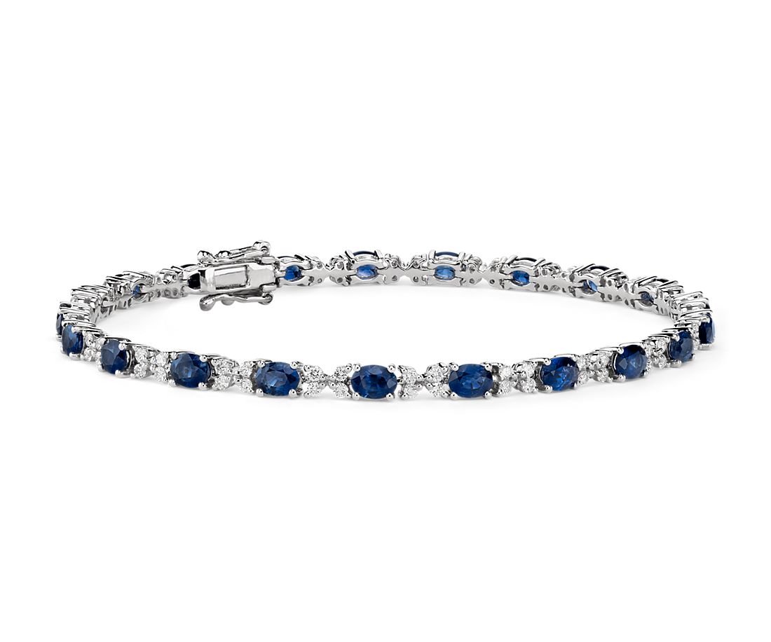 Bracelet diamant et saphir bleu en or blanc 14 carats(4 x 3 mm)