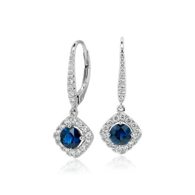 Sapphire and Diamond Cushion Drop Earrings in 14k White Gold (Limited ...