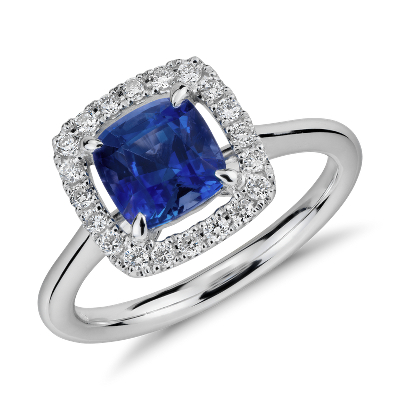 Floating Sapphire and Diamond Cushion-Cut Halo Ring in 14k White Gold ...