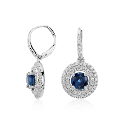 Sapphire and Diamond Double Halo Dangle Earrings in 18k White Gold ...