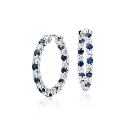 Luna Sapphire and Diamond Hoop Earrings in 18k White Gold (2mm) | Blue Nile