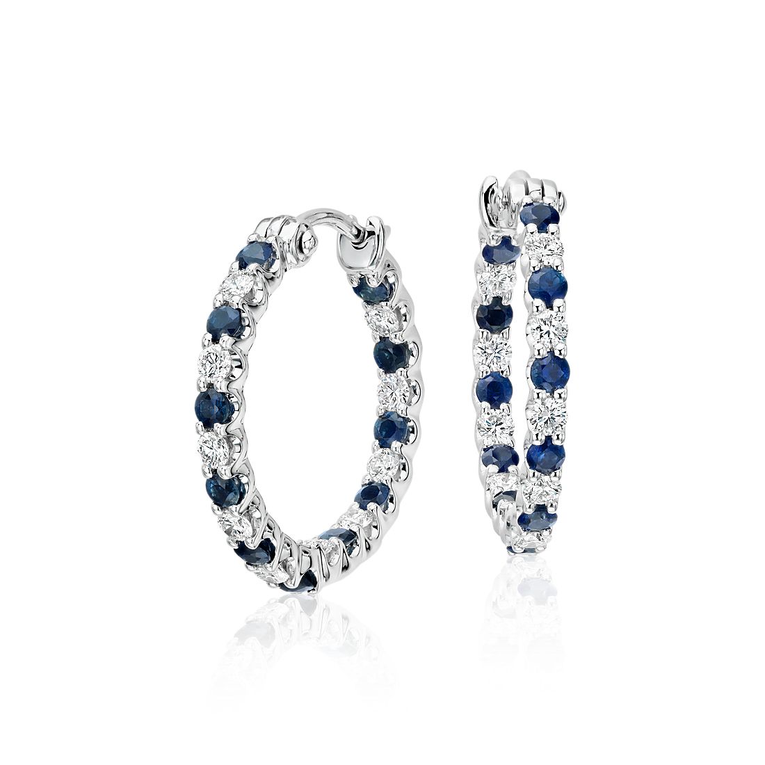 18k 白金 Luna 蓝宝石和钻石圈环形耳环（2 毫米）
