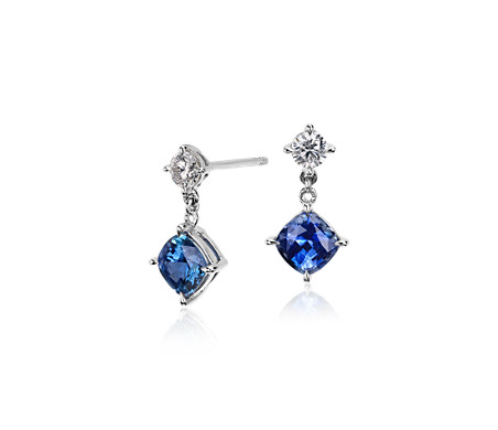Cushion Sapphire and Diamond Drop Earrings in 14k White Gold (5.5x5.5mm ...