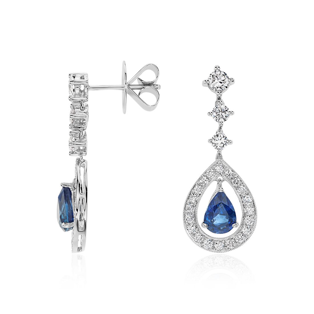 Pear Shape Sapphire and Diamond Halo Drop Earrings in 18k White Gold ...