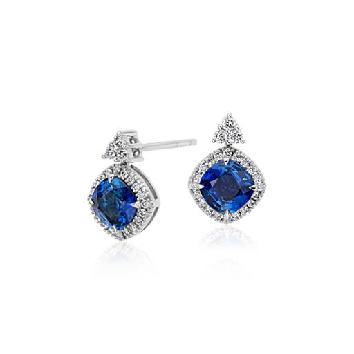 Cushion Cut Sapphire with Halo Diamond Dangle Earrings in 18k White ...