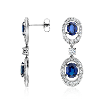 Oval Sapphire and Diamond Halo Dangle Earrings in 18k White Gold (5.23 ...