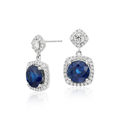 Sapphire and Diamond Drop Cushion Halo Earrings in 18k White Gold (4.91 ...