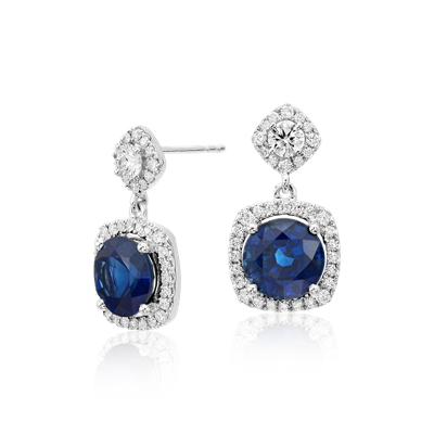 Sapphire and Diamond Drop Cushion Halo Earrings in 18k White Gold (4.91