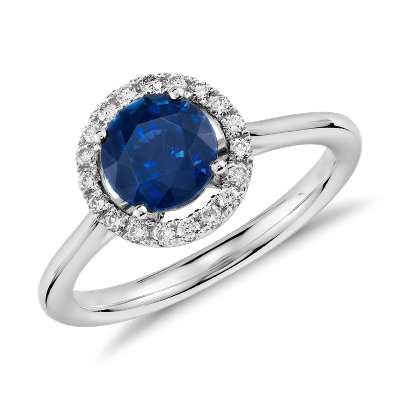 Floating Sapphire and Diamond Round Halo Ring in 14k White