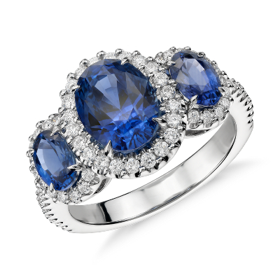 Three Stone Sapphire and Diamond Halo Ring in 18k White Gold (4.30 ct ...