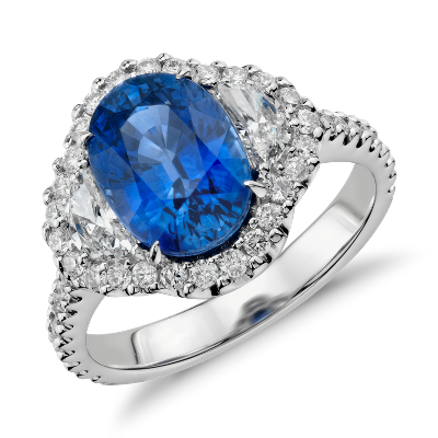 Blue Sapphire and Diamond Halo Three-Stone Ring in 18k ...
