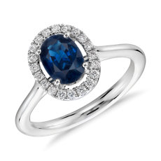 NEW Floating Oval Sapphire and Diamond Micropavé Diamond Halo Ring in 14k White Gold (7x5mm)