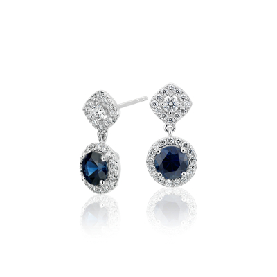 Sapphire and Diamond Mixed Shape Halo Drop Earrings in 14k White Gold ...