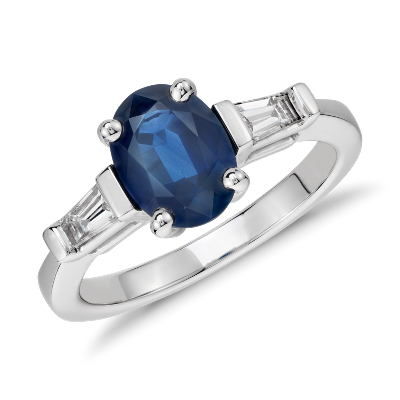 Oval Sapphire And Baguette Diamond Ring In 14k White Gold 8x6mm