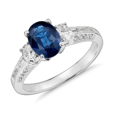 Sapphire Oval Three Stone Ring in 18k White Gold (8x6mm