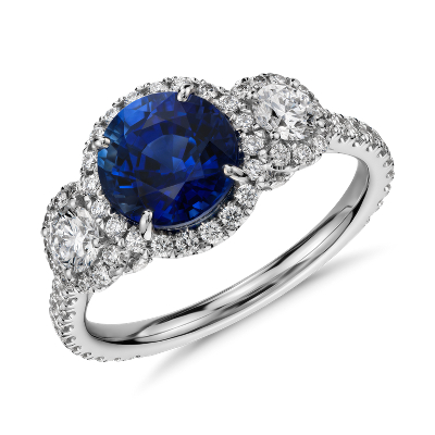 sapphire ring diamond stone three halo rings diamonds center 18k round side between bluenile ct jewelry surrounded jewellery