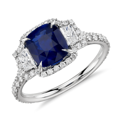 Sapphire And Diamond Three Stone Ring In 18k White Gold 2 Ct Center