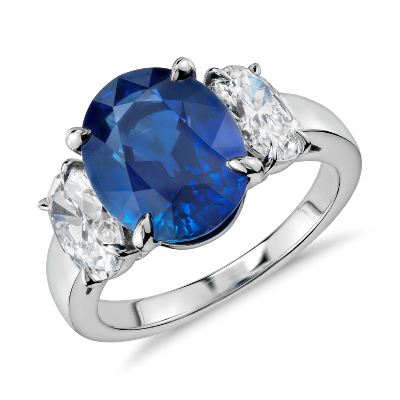 Oval Sapphire and Diamond Three-Stone Ring in Platinum (5