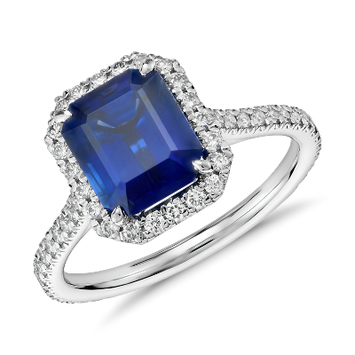 Emerald Cut Blue Topaz And Diamond Ring / Twisted Halo Diamond Engagement Ring in Platinum (1/3 ct - You can order this ring in 14k yellow, .